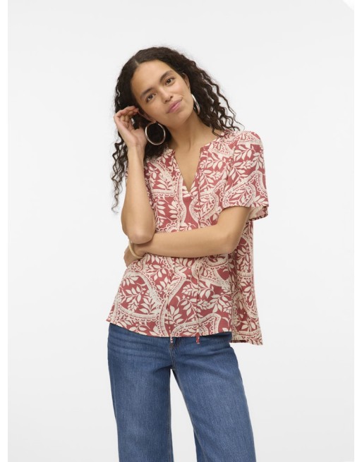 BLUSA M/C CUELLO V CON LAZADA 10327060 VMBALI S/S V-NECK TOP WVN BTQ GA