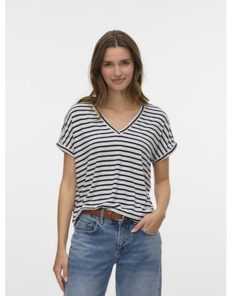 CAMISETA DE RAYA CUELLO V 10324112 VMHOLLY SS V-NECK TOP JRS