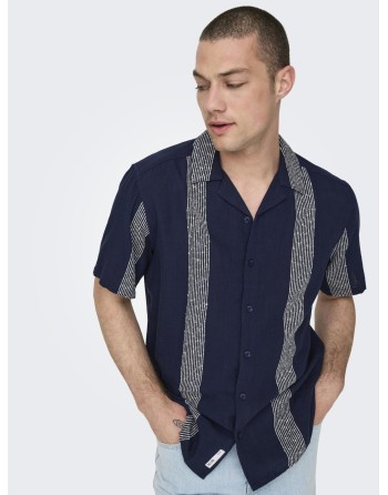 CAMISA M/C REGULAR LINO CON DOS FRANJAS ALOS LADOS 22029108 ONSAVI REG SS BOUCLE STRPE RESORT SHIRT